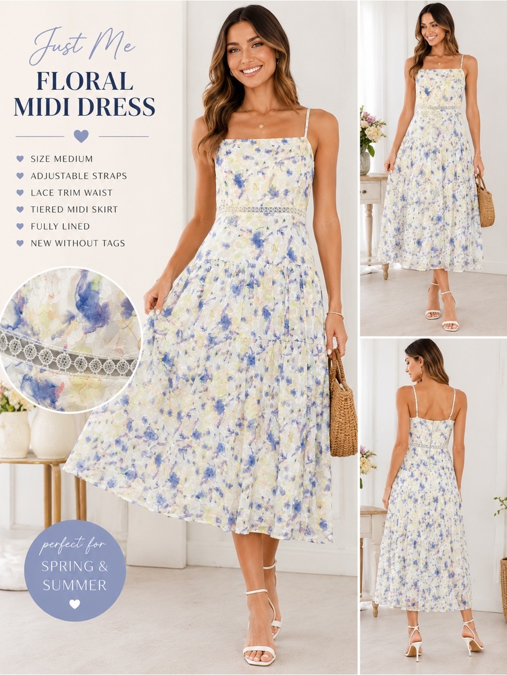 Just Me Floral Textured Midi Dress White Blue Yellow Lace Trim Size Medium NWT